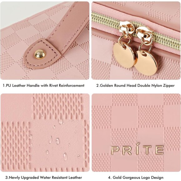 Makeup Bag for Women Travel Waterproof Vegan Leather Cosmetic Bag Open Flat Toil - Picture 6 of 9